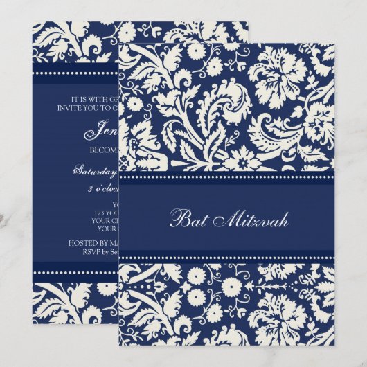 Invitations de Bat mitzvah Blue Damask (Devant / Derrière)