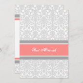 Invitations de Bat mitzvah Coral Grey Damask (Devant / Derrière)