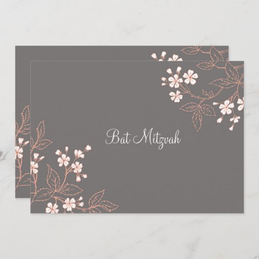 Invitations de Bat mitzvah Coral Grey Damask (Devant / Derrière)