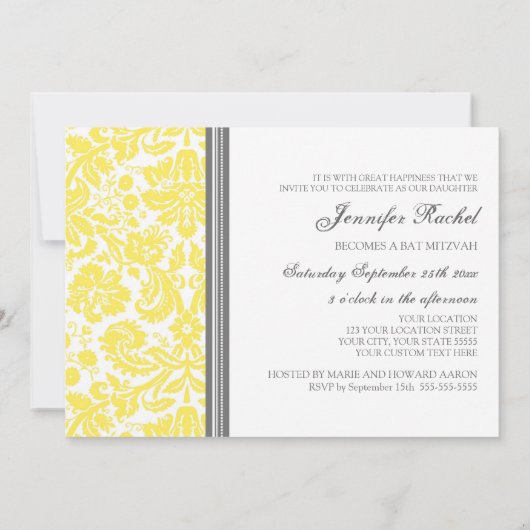 Invitations de Bat mitzvah Damas gris citron (Dos)