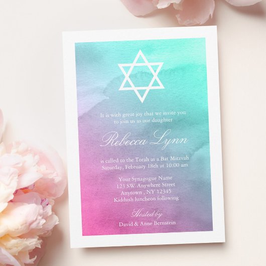 Invitations de Bat mitzvah d'aquarelle rose et aqu