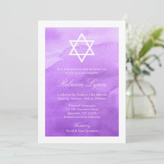 Invitations de Bat mitzvah d'aquarelle violet (Debout devant)