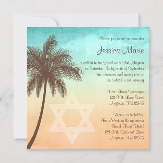 Invitations de Bat mitzvah de palmiers de plage tr (Devant)