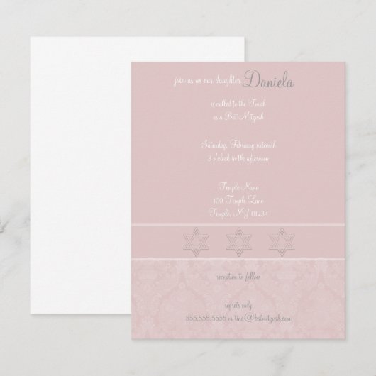Invitations de Bat mitzvah d'élégance PInk (Devant / Derrière)