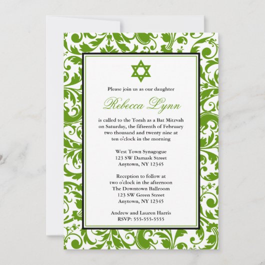 Invitations de Bat mitzvah Green Swirl Damask (Devant)