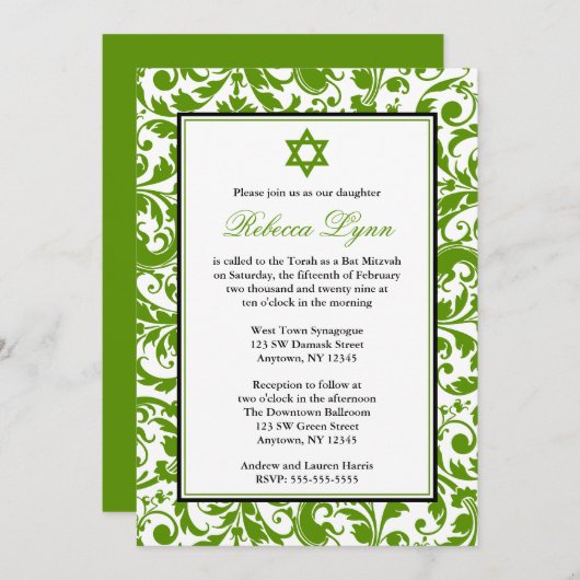 Invitations de Bat mitzvah Green Swirl Damask (Devant / Derrière)