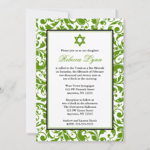 Invitations de Bat mitzvah Green Swirl Damask