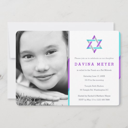 Invitations de Bat mitzvah photo | Violet + Turquo (Devant)