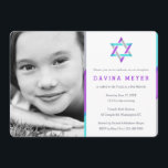 Invitations de Bat mitzvah photo | Violet   Turquo<br><div class="desc">Invitations uniques et modernes de Bat mitzvah photo. Personnalisez en ligne avec la photo de votre fille et les détails de Mitzvah. Etoile de David design avec des accents modernes violet,  turquoise et argent.</div>