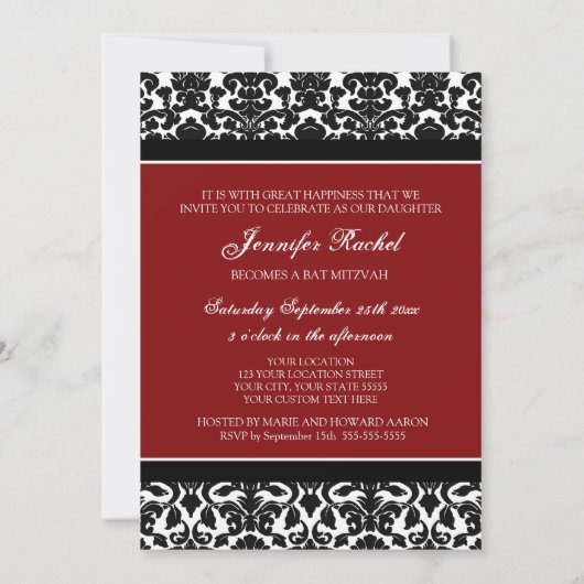 Invitations de Bat mitzvah Red Damask (Dos)