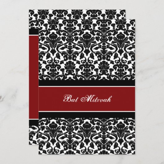 Invitations de Bat mitzvah Red Damask (Devant / Derrière)