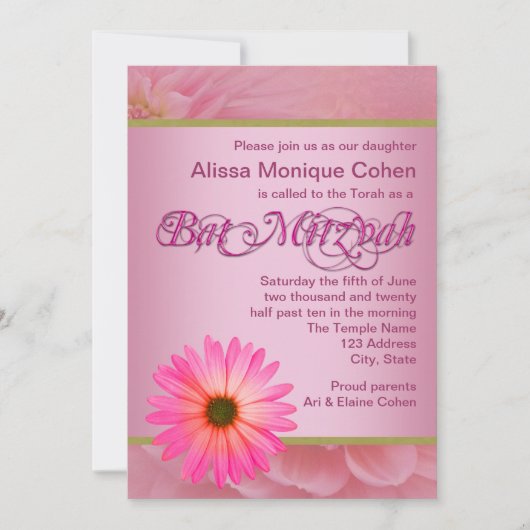 Invitations de Bat mitzvah Rose Daisy (Devant)