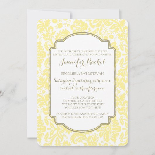 Invitations de Bat mitzvah Tan Yellow Damask (Dos)