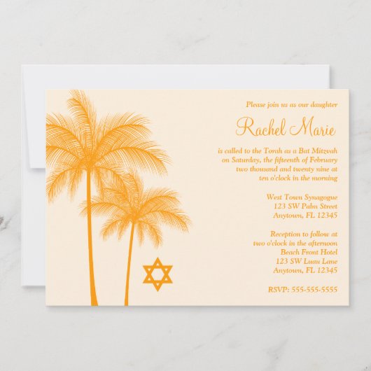 Invitations de Bat mitzvah tropicaux Orange Palm T (Devant)