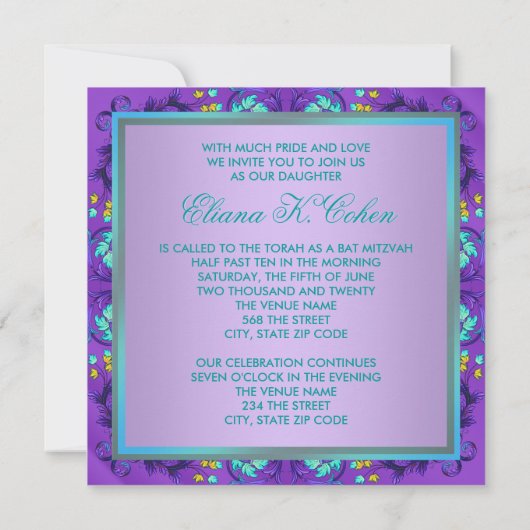 Invitations de Bat mitzvah turquoise bleu pourpre (Dos)