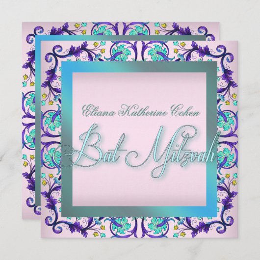 Invitations de Bat mitzvah turquoise bleu rose (Devant / Derrière)