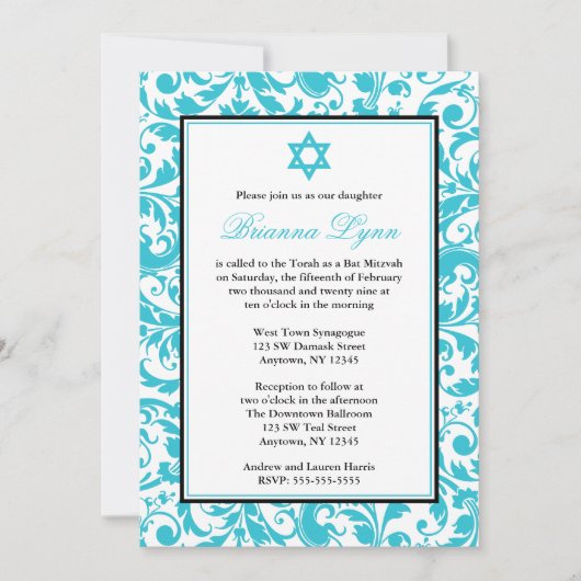 Invitations de Bat mitzvah turquoise Blue Swirl Da (Devant)