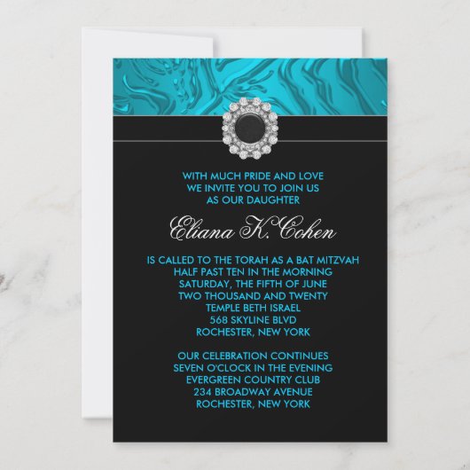 Invitations de Bat mitzvah turquoise Blue Zebra (Dos)
