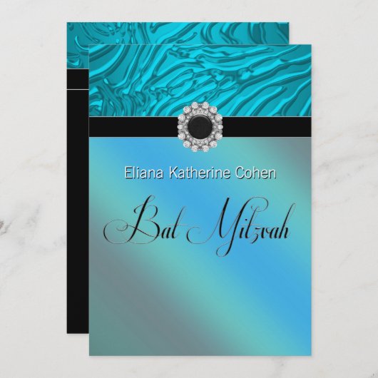 Invitations de Bat mitzvah turquoise Blue Zebra (Devant / Derrière)