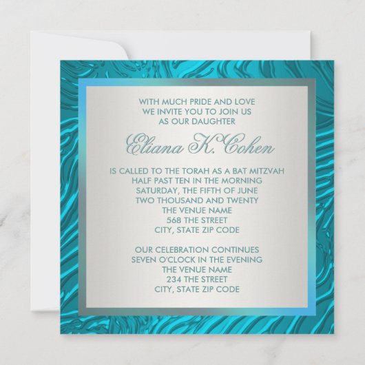 Invitations de Bat mitzvah turquoise Blue Zebra (Dos)