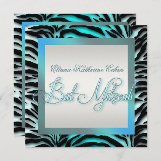 Invitations de Bat mitzvah turquoise Blue Zebra (Devant / Derrière)