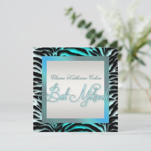 Invitations de Bat mitzvah turquoise Blue Zebra (Debout devant)