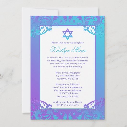 Invitations de Bat mitzvah Turquoises pourpres (Devant)