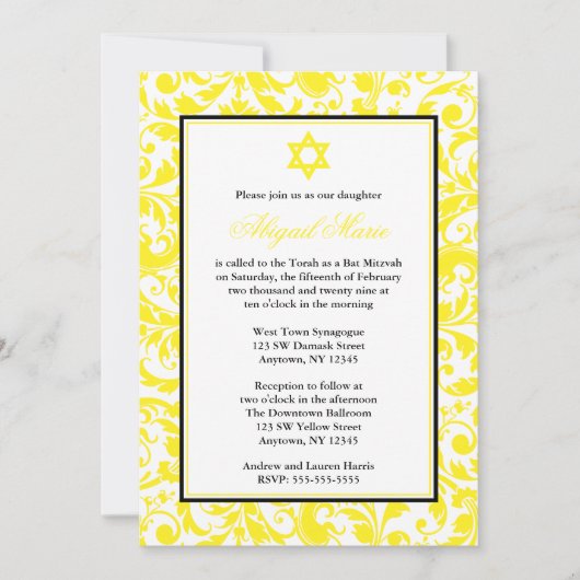 Invitations de Bat mitzvah Yellow Swirl Damask (Devant)