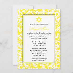 Invitations de Bat mitzvah Yellow Swirl Damask