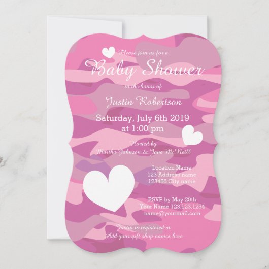 Invitations de bébé camo de l'armée rose avec le c (Devant)