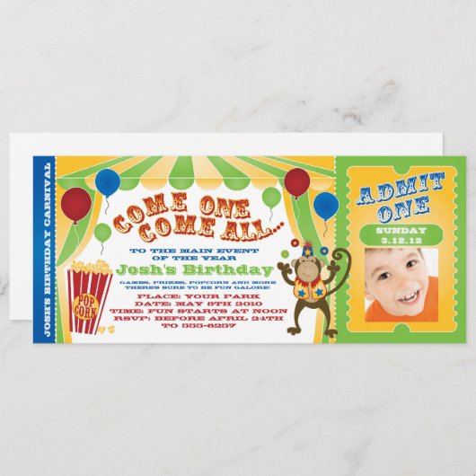 INVITATIONS DE BILLET DE CARNAVAL DE CIRQUE (Devant / Derrière)