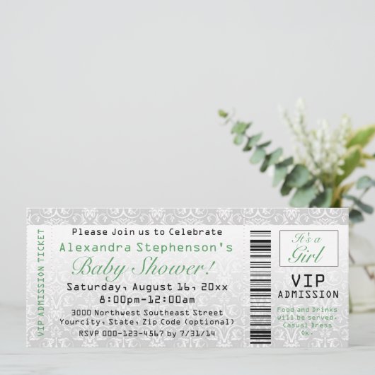 Invitations de billets de Baby shower vert/blanc (Debout devant)