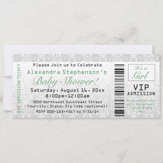 Invitations de billets de Baby shower vert/blanc (Devant)