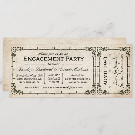 Invitations de billets de la partie de l'engagemen (Devant / Derrière)