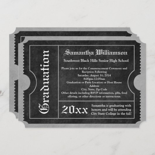 Invitations de billets pour les diplômes en noir e (Devant / Derrière)