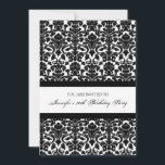 Invitations de Black Damask 90th Birthday Party<br><div class="desc">Personnalisé 90e anniversaire invitations à la fête dans un style classique élégant et chic noir et blanc damas floral classique. Ajoutez votre nom et vos coordonnées pour une invitation unique et élégante à la fête du 90e anniversaire.</div>
