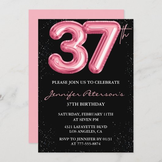 Invitations de Black Pink 37e anniversaire Ballons (Devant / Derrière)
