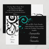 Invitations de Black White Aqua Swirl Quinceañera (Devant / Derrière)