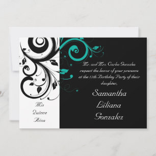 Invitations de Black White Aqua Swirl Quinceañera