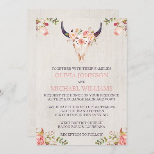 Invitations de Bohème de mariage de crâne (Devant / Derrière)
