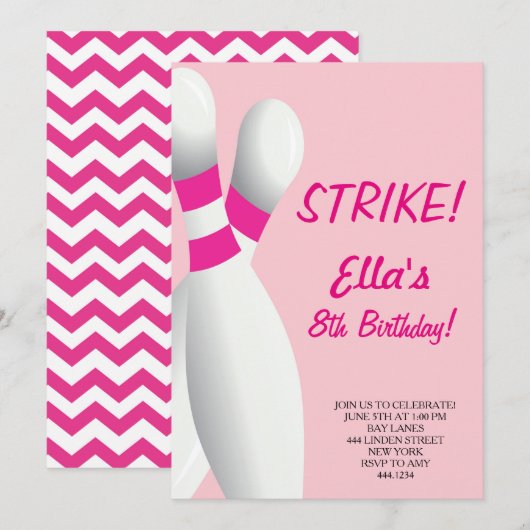 Invitations de Bowling Pink pour la fête d'anniver (Devant / Derrière)