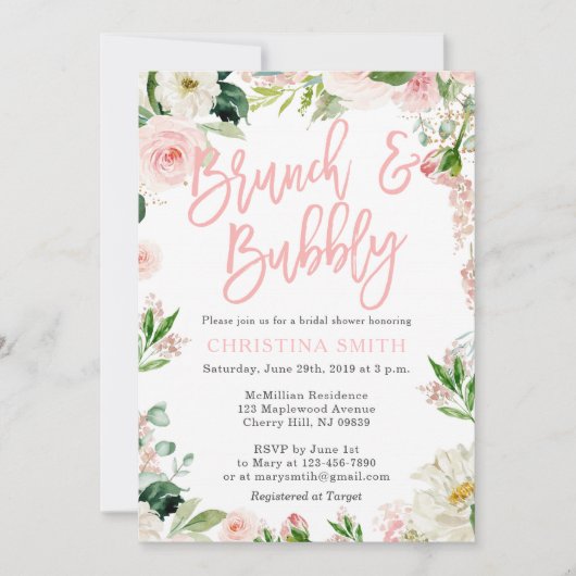 Invitations de Brunch et de Bubbly Flore rose pâle (Devant)
