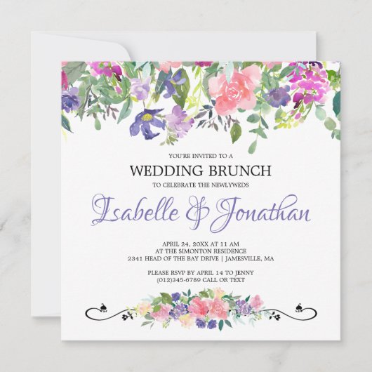 Invitations de Brunch Mariage à fleurs violet et r (Devant)