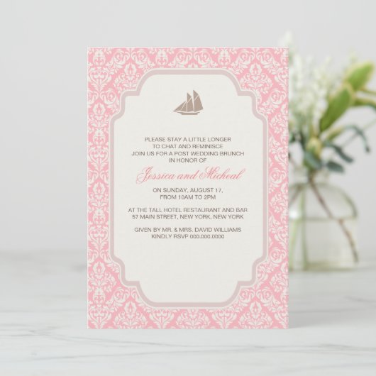Invitations de Brunch Mariage Pink Damask (Debout devant)