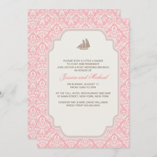 Invitations de Brunch Mariage Pink Damask (Devant / Derrière)
