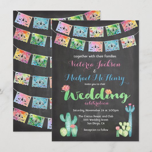 Invitations de cactus Mariages mexicains en aquare (Devant / Derrière)