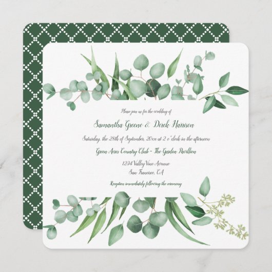 Invitations de Carrés de trame Feuilles Eucalyptus (Devant / Derrière)