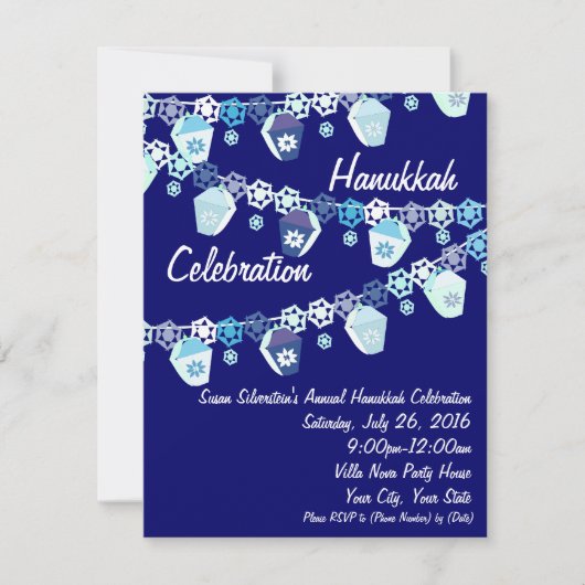 Invitations de célébrations Hanoukka en bleu et bl (Devant)