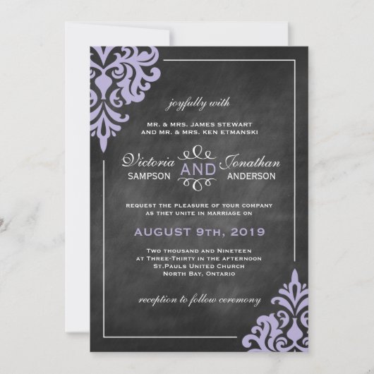 Invitations de Chalkboard et Lilac Mariage damassé (Devant)