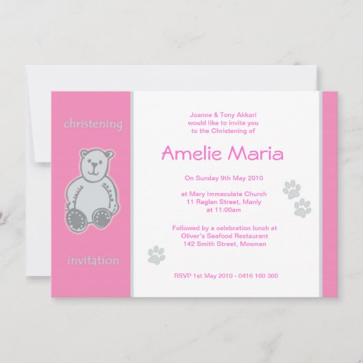 Invitations de Christening d'Ours Roses Teddy (Devant)